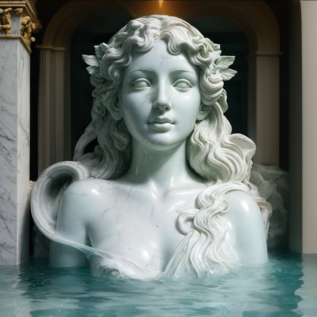 Marble Statue of Serene Woman in Water Setting