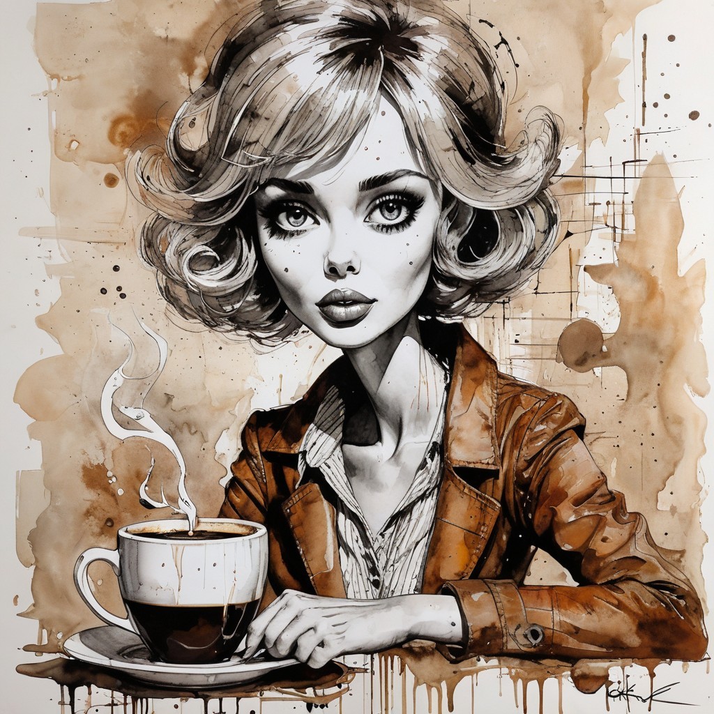Stylized Illustration of Elegant Woman with Coffee