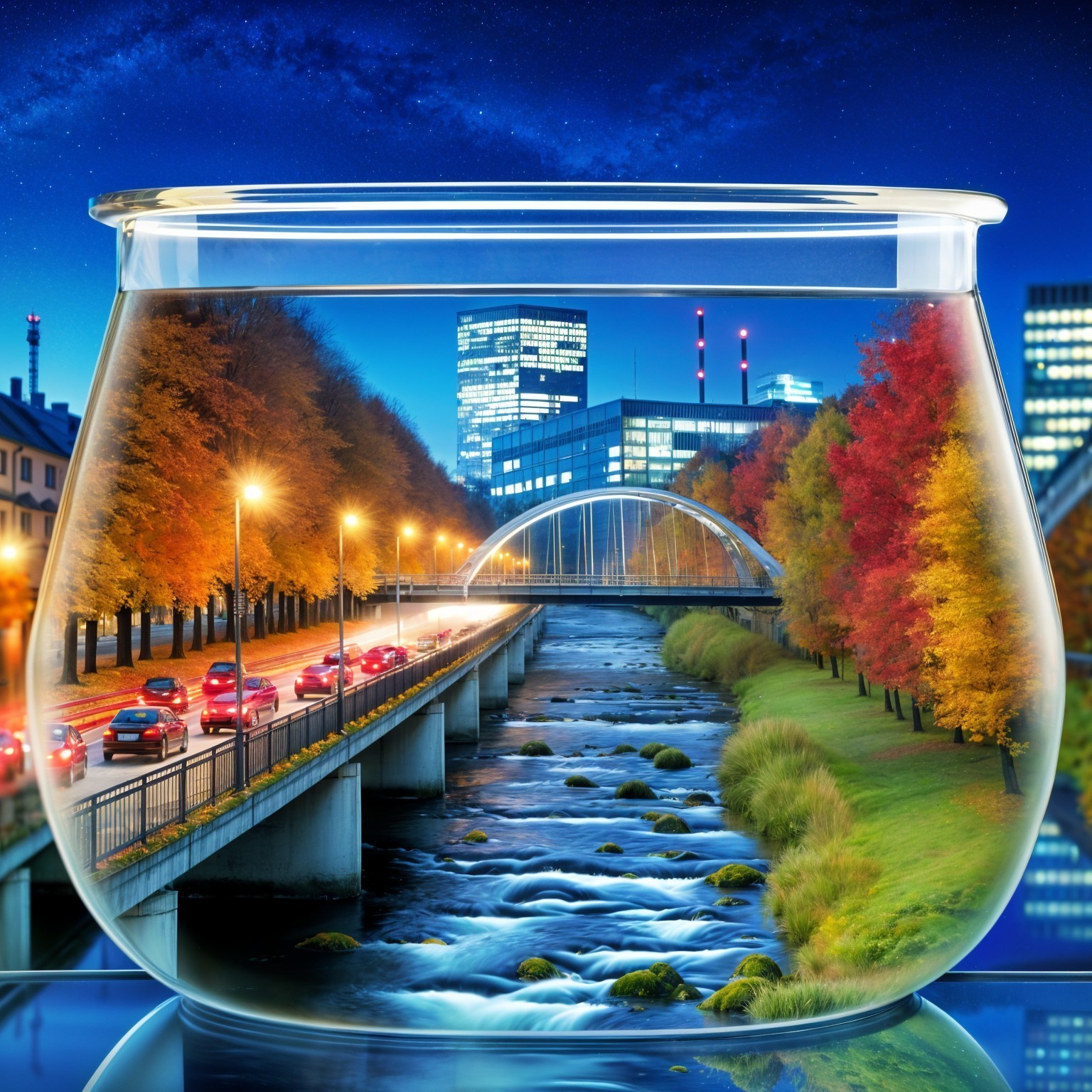 Transparent Fishbowl with Urban Landscape and River