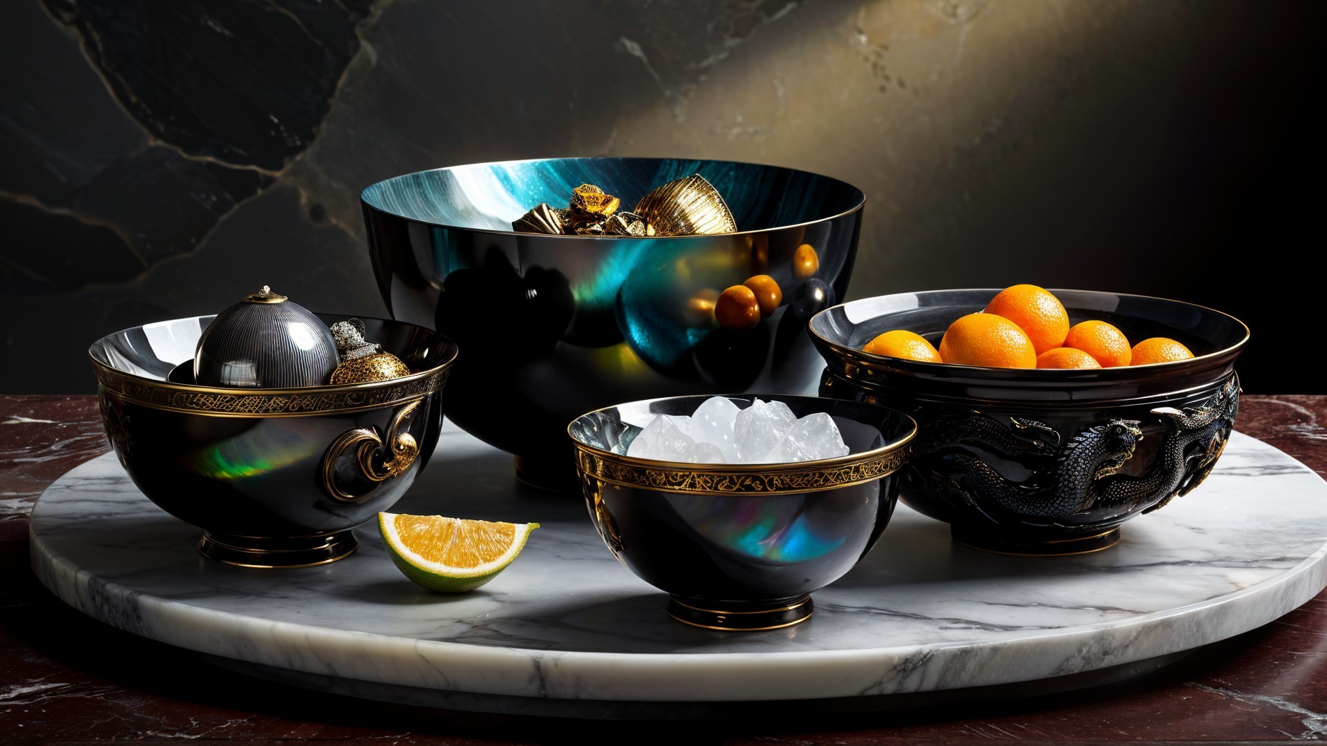 Luxurious Bowls Arrangement on Marble Platter
