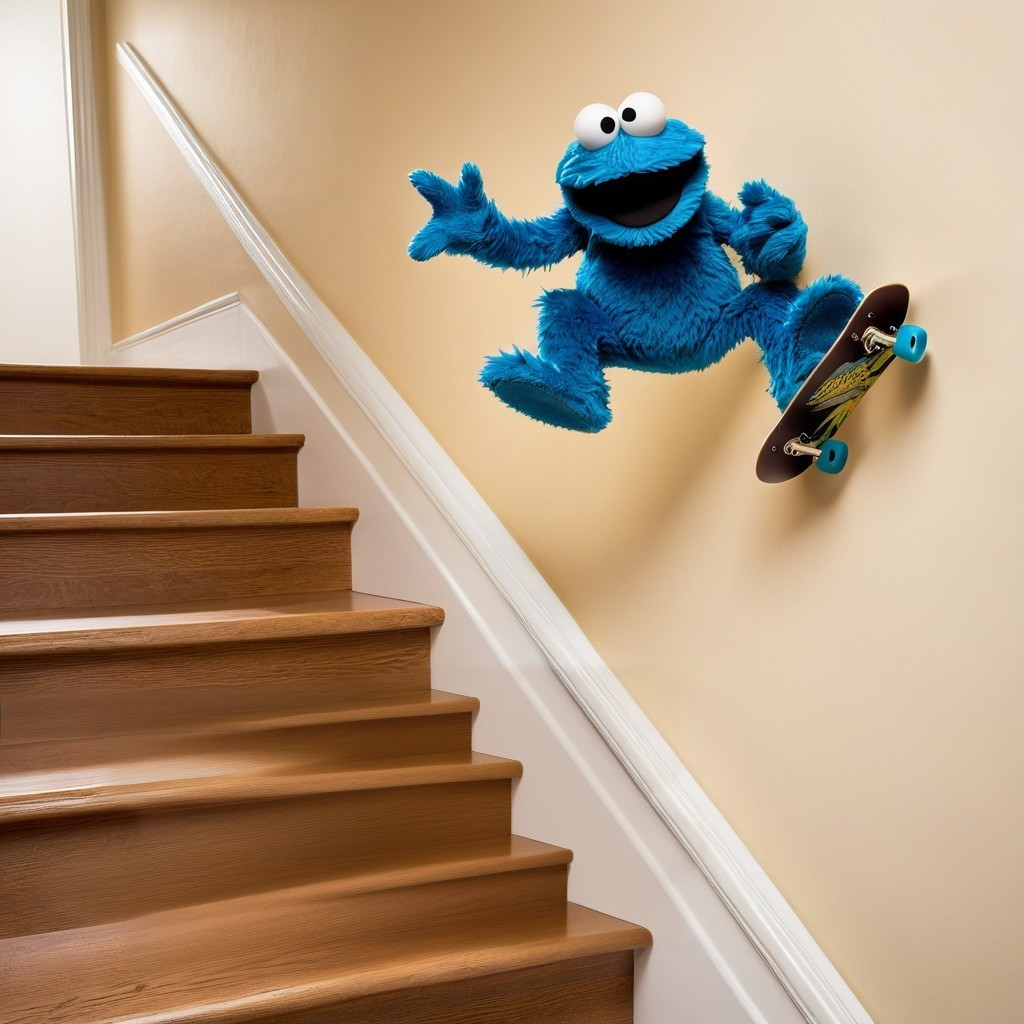 Vibrant Blue Furry Character Skateboarding Down Stairs