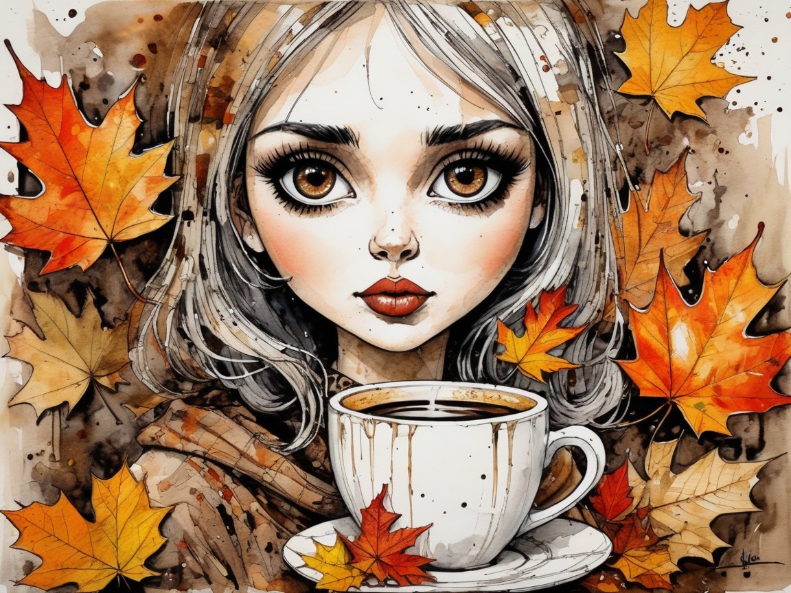 Whimsical Illustration of Woman with Autumn Leaves