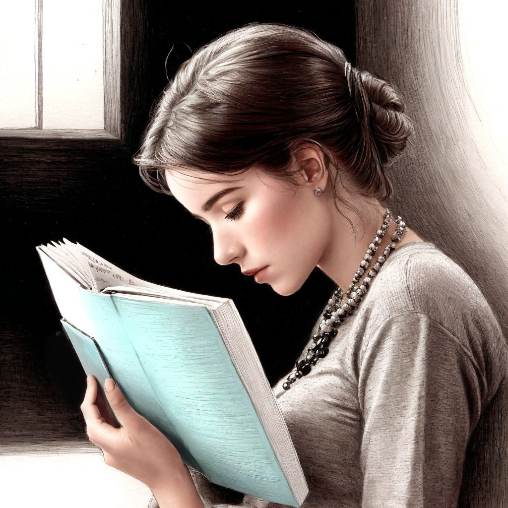 Young Woman Reading in Soft Lighting by Window