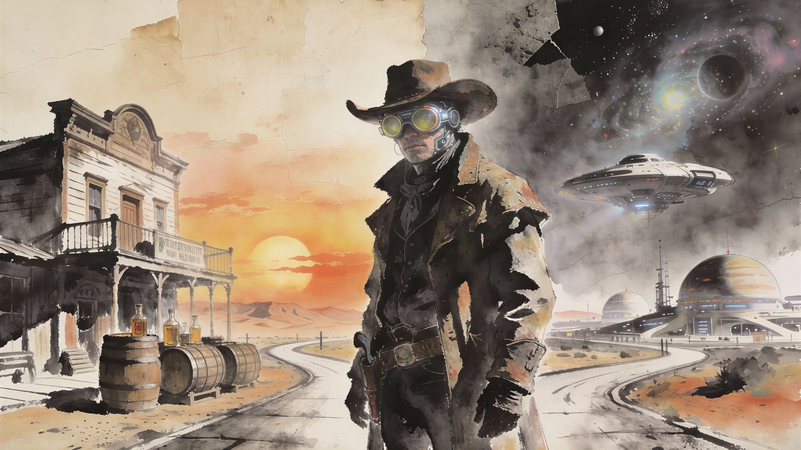 Steampunk Cowboy in Retro Futurism Landscape