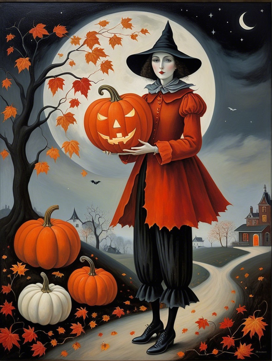 Whimsical Halloween Scene with Witch and Pumpkins