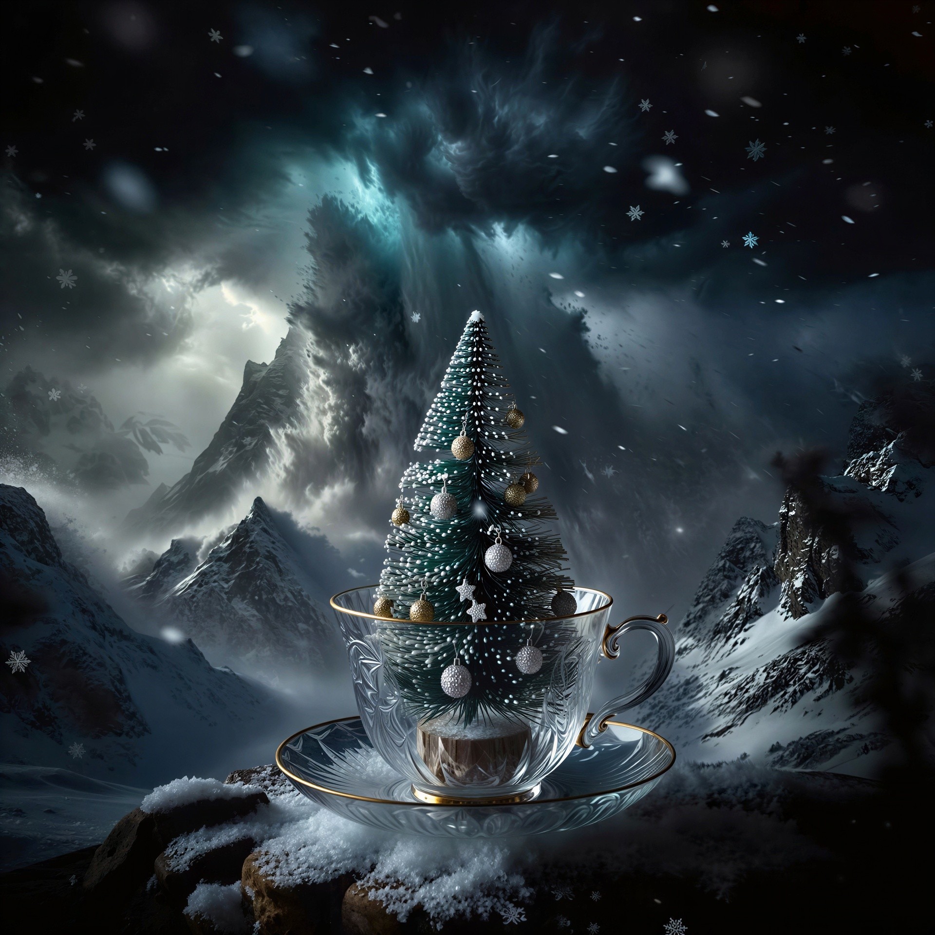 Miniature Christmas Tree in Glass Teacup on Snowy Rocks