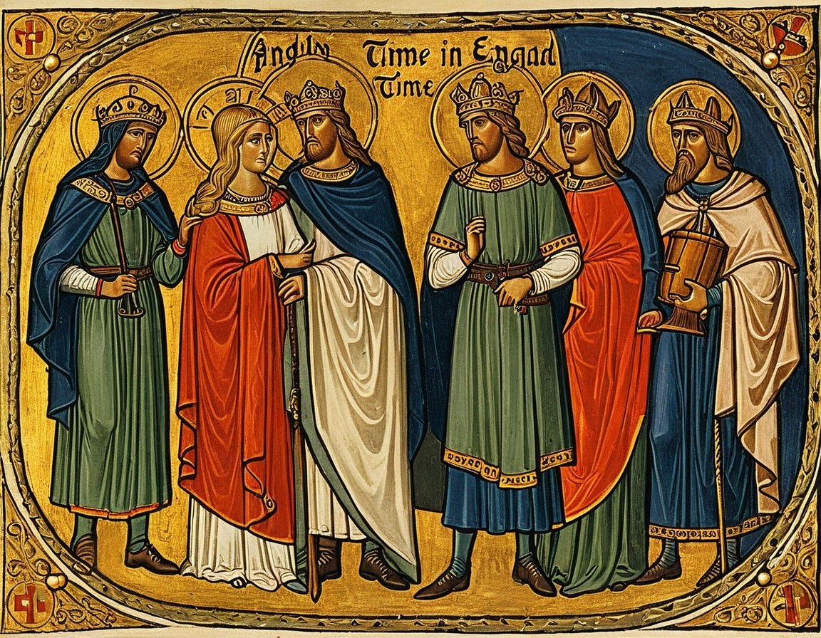 Medieval Religious Scene with Six Figures in Robes