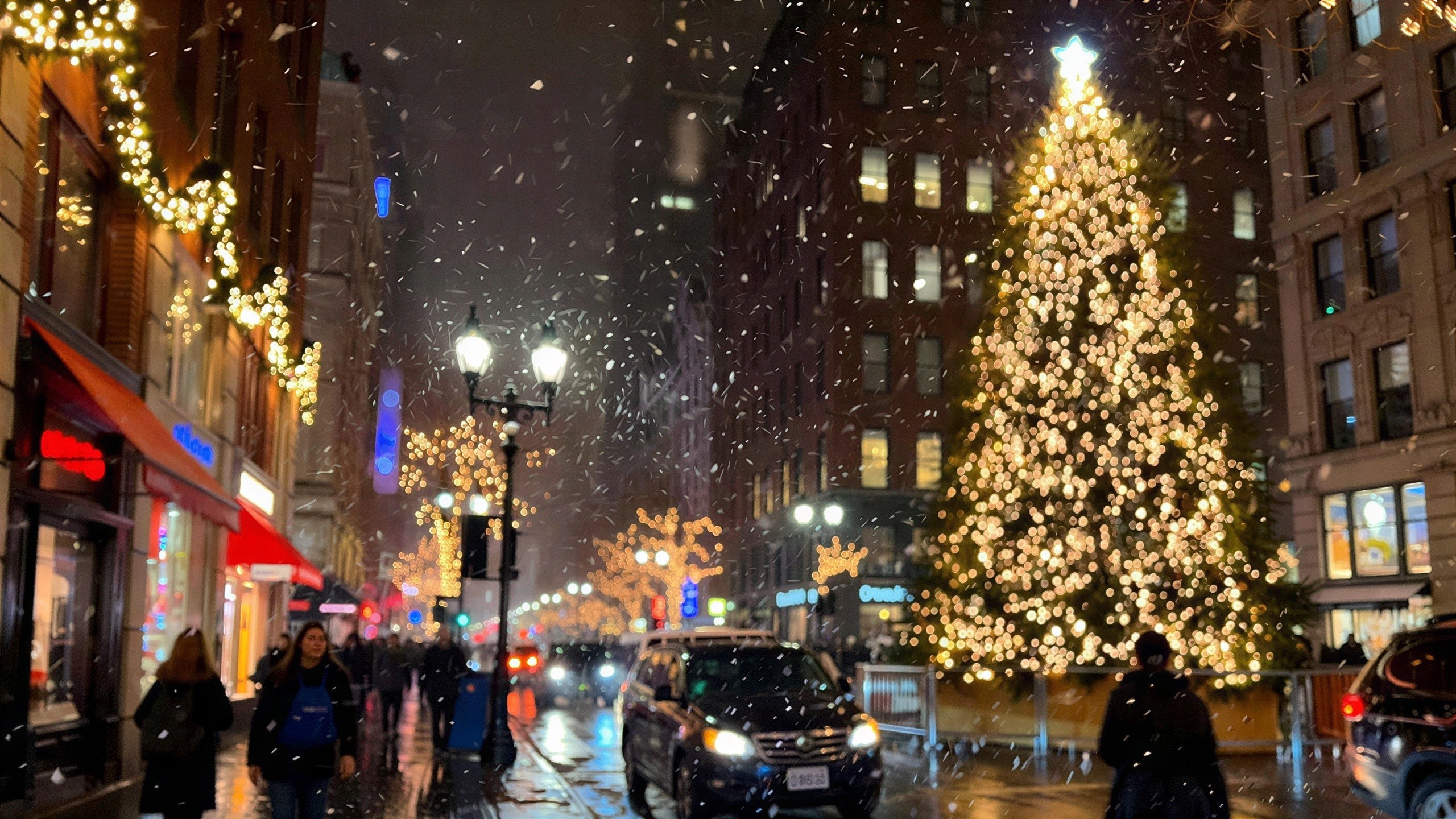 Christmas Tree in Snowy Nighttime Cityscape