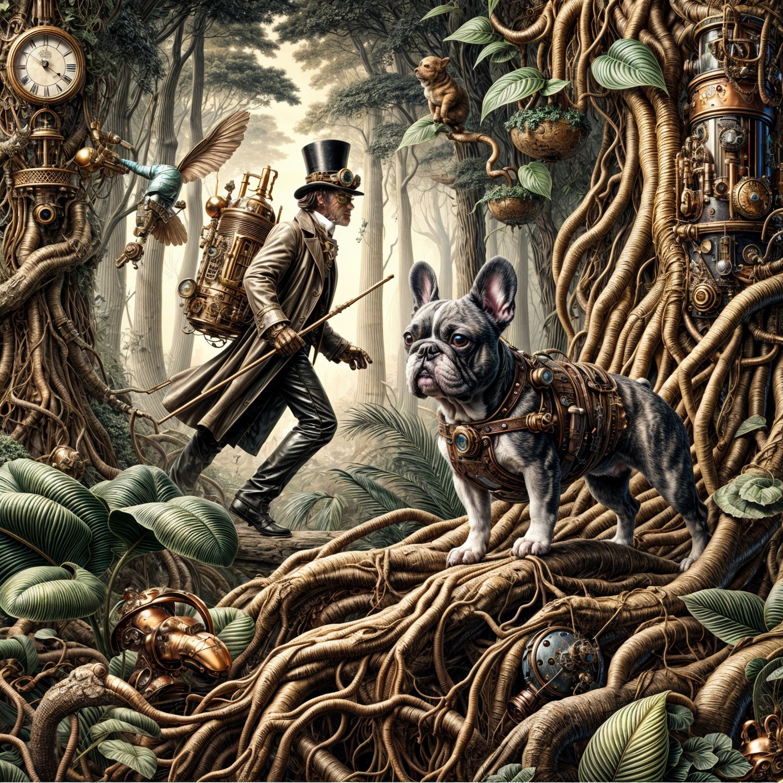 Steampunk Forest with Dapper Man and Bulldog