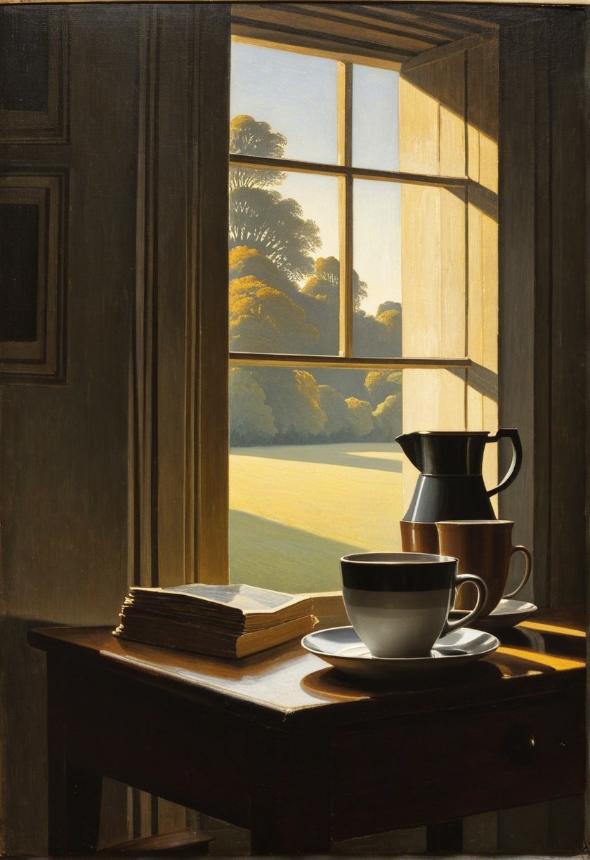 Sunlit Interior with Wooden Table and Coffee Set