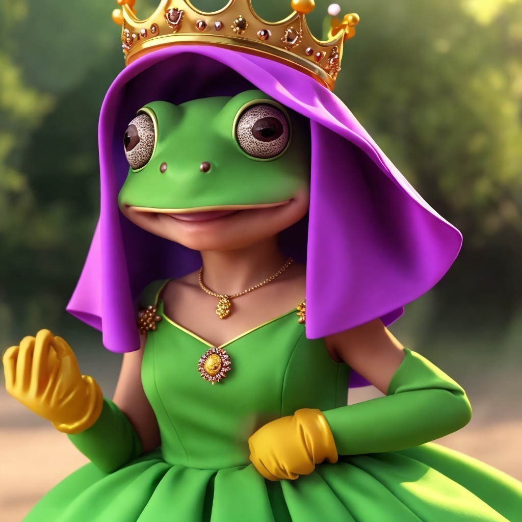 Whimsical Frog Character in Vibrant Green Gown