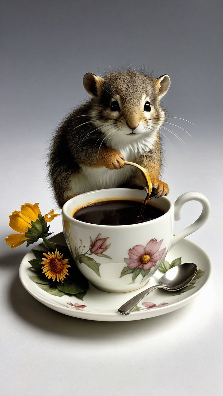 Fluffy Animal Pouring Coffee into Floral Cup