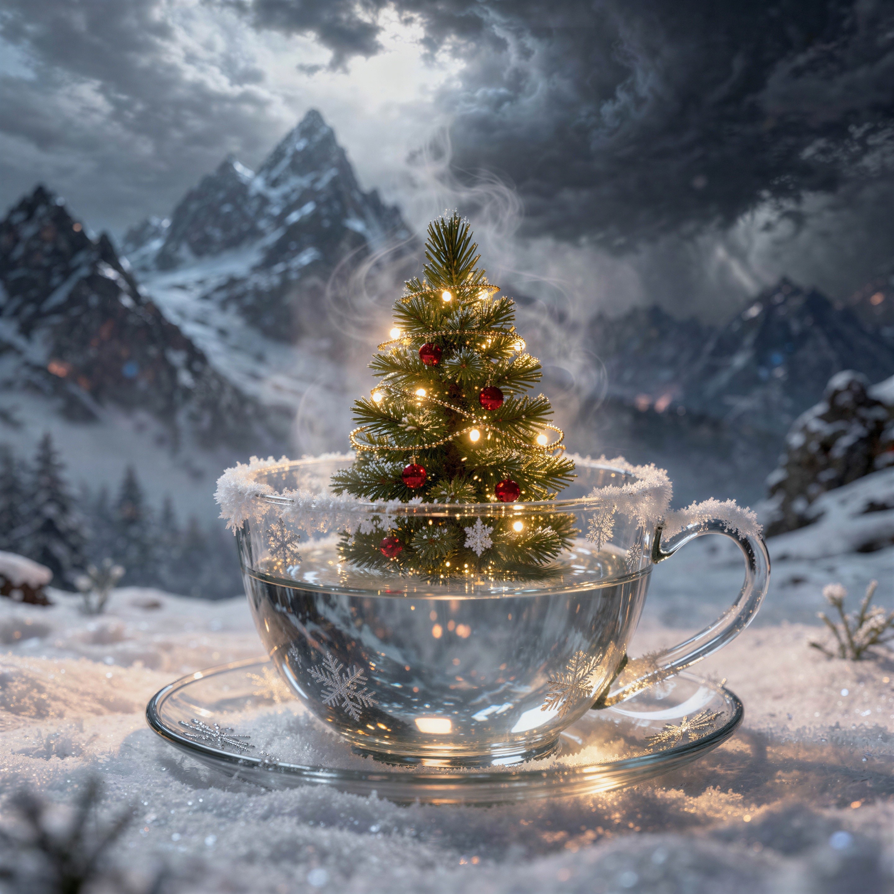 Miniature Christmas Tree in Glass Teacup Artwork