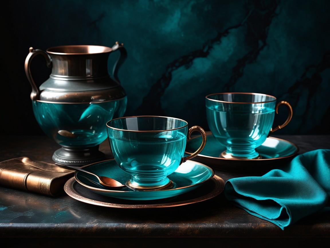 Elegant tea setting with teal cups and copper accents