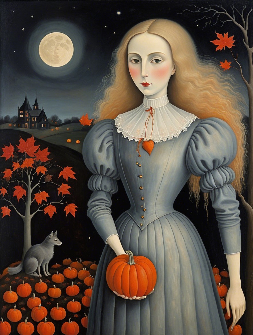 Pale Woman in Gray Dress with Pumpkin in Moonlit Scene