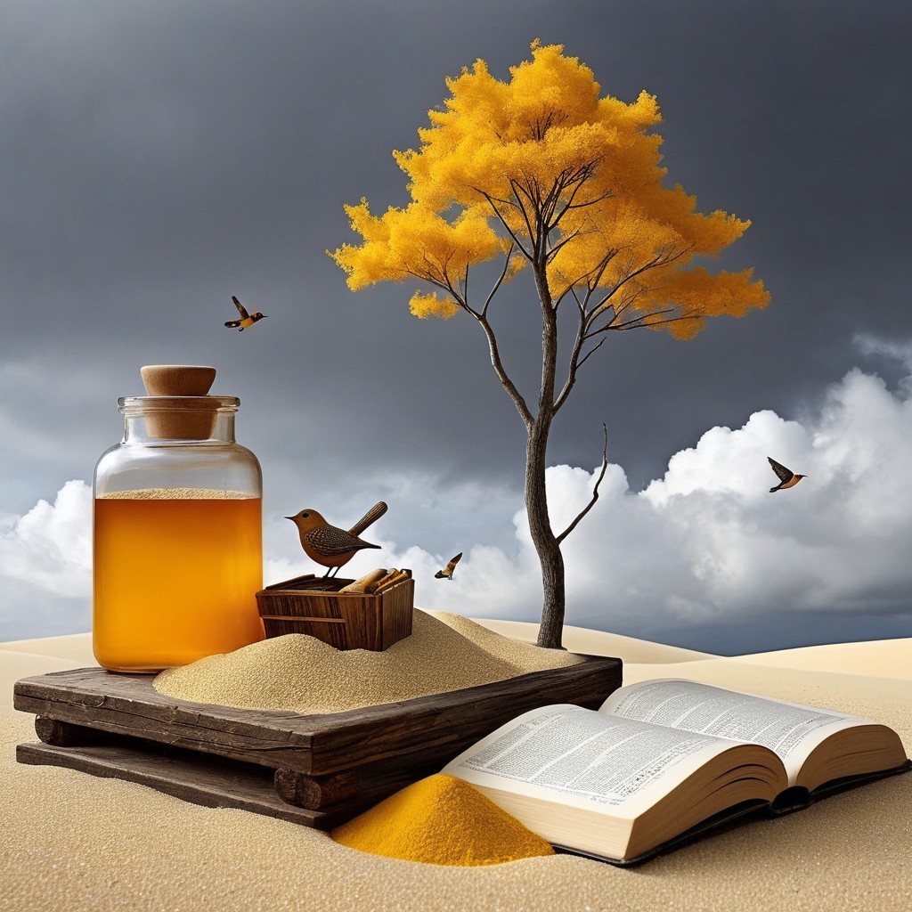 Desert Scene with Tree, Honey Jar, and Open Book