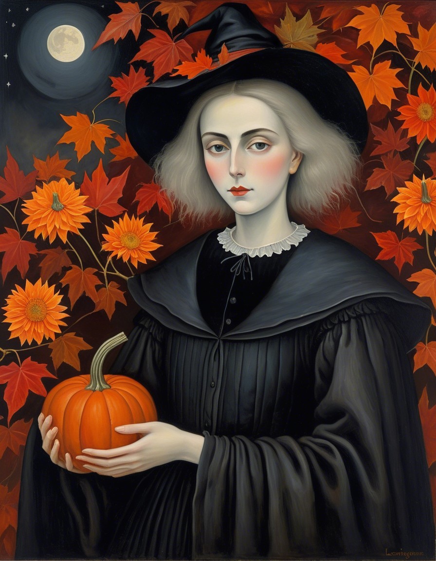 Pale Woman in Dark Outfit with Pumpkin and Moon