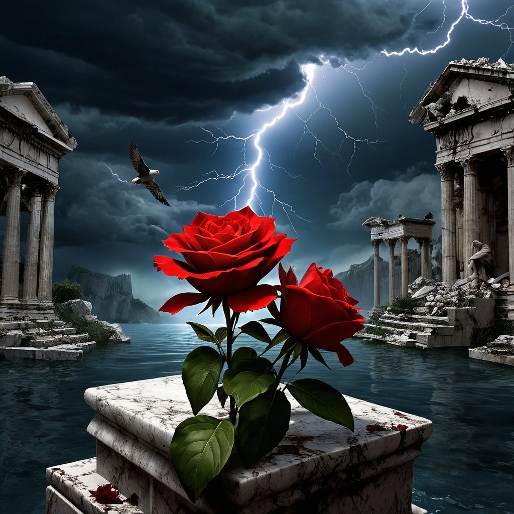 Vibrant Red Roses on Marble Pedestal Amid Turbulent Sea