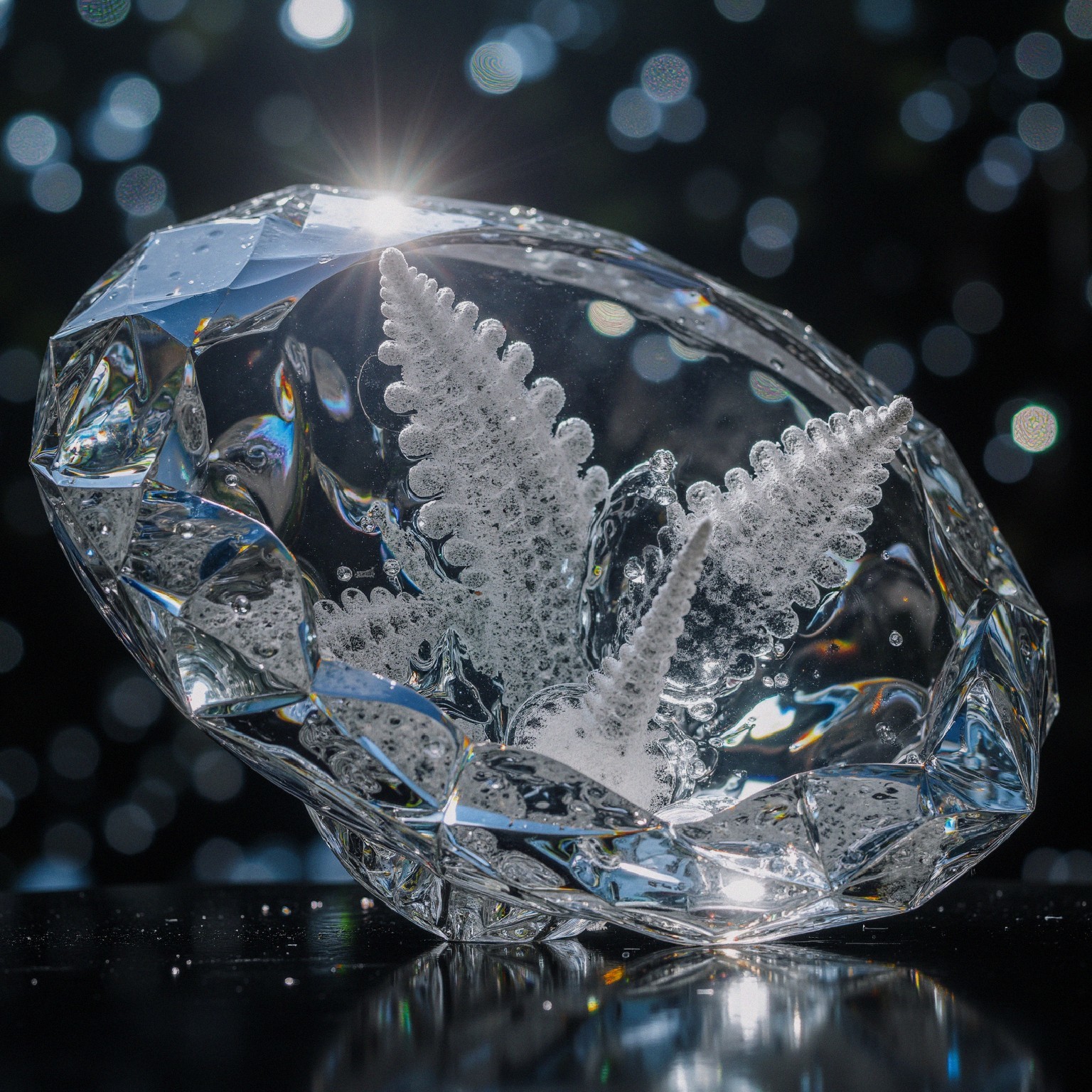 Crystal Centerpiece with White Ferns and Bokeh Background