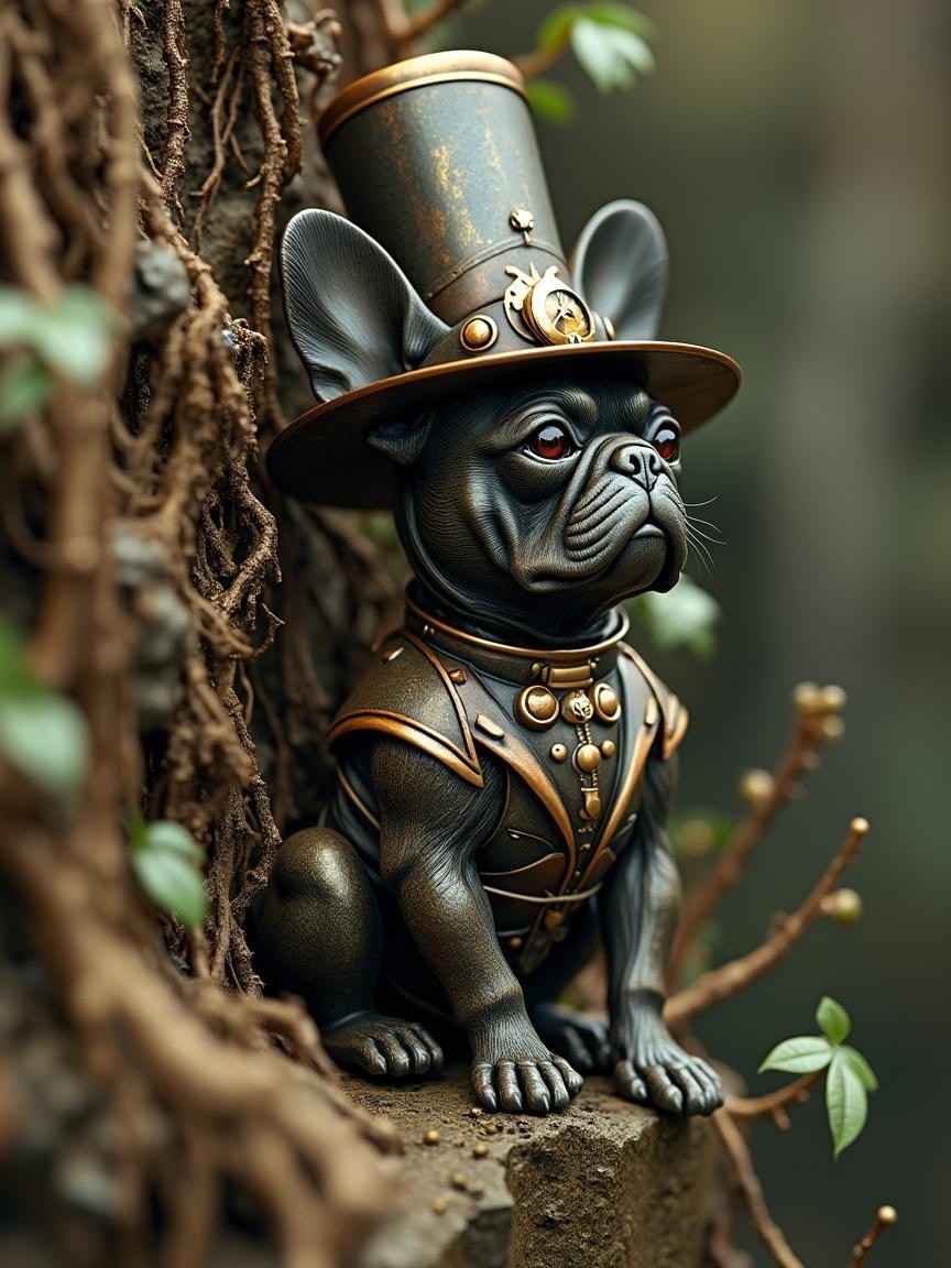 Whimsical Bronze Sculpture of a Steampunk Bulldog