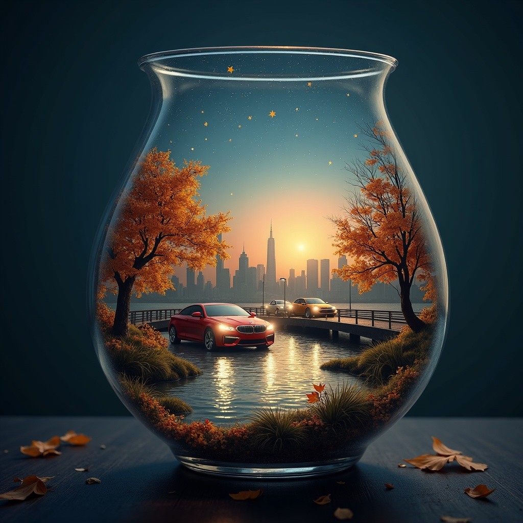 Whimsical Waterfront Scene in a Glass Vase