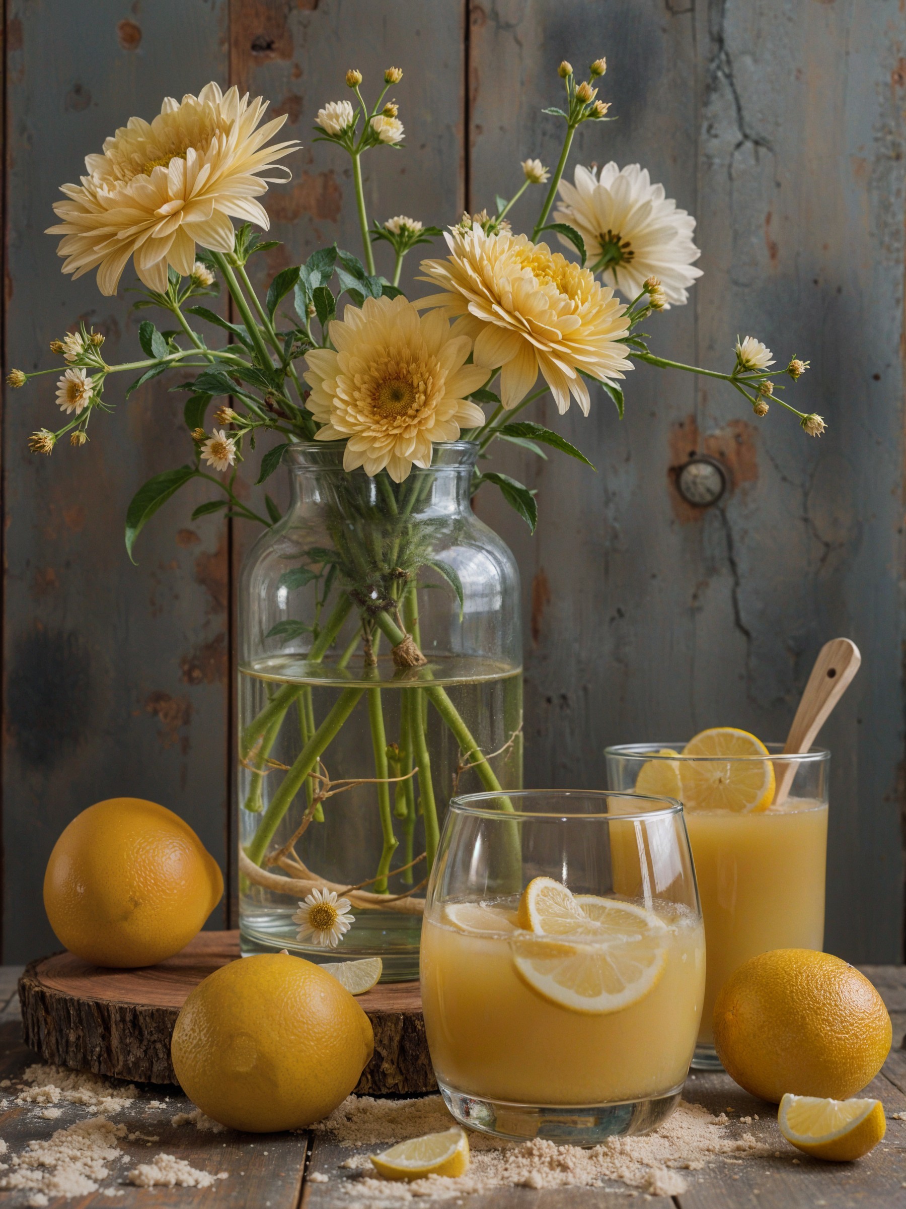 Lemonade Glasses with Fresh Lemons and Flowers Display