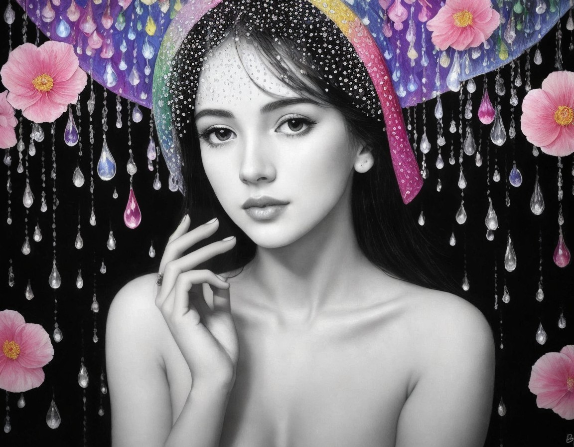 Portrait of a Young Woman with Colorful Rainbows and Flowers