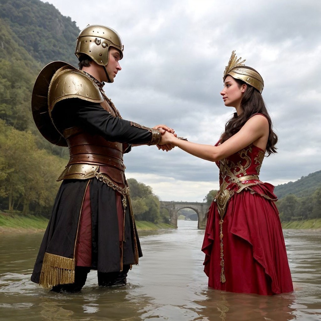 Knight and Woman in Unity by a Serene River Scene
