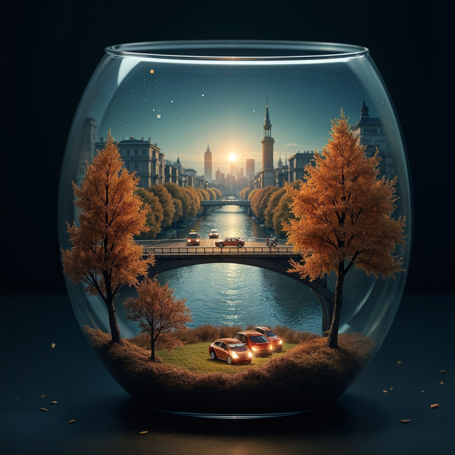 Miniature City Scene in Glass Bowl at Dusk