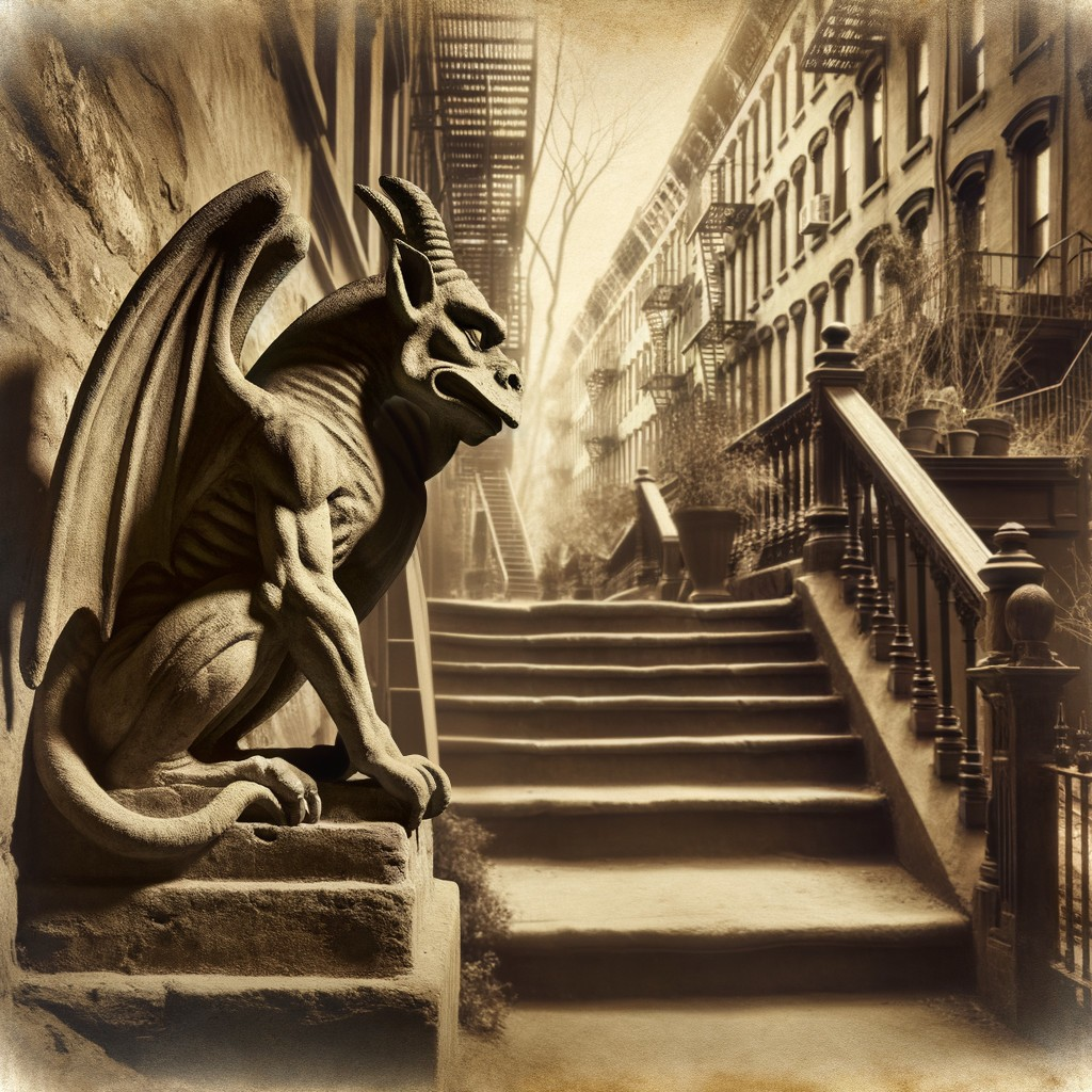 Gargoyle Statue Overlooking a Vintage Urban Alley