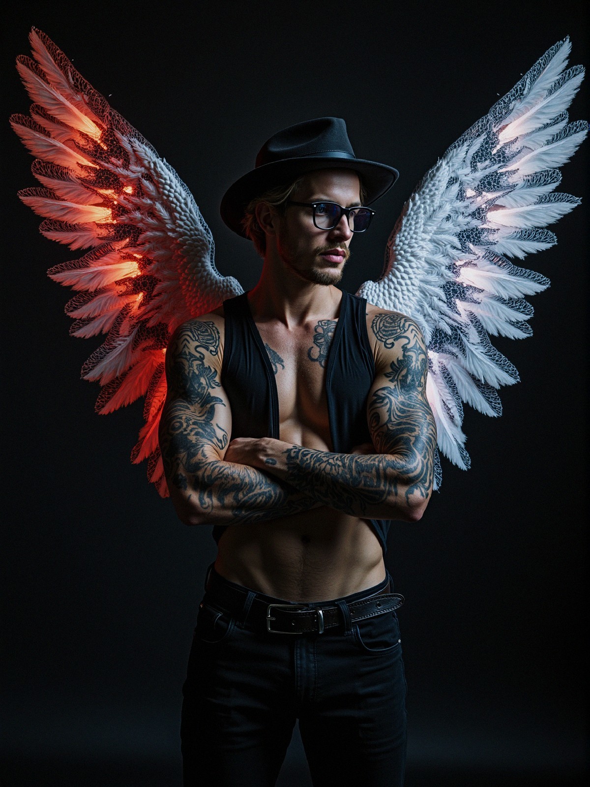 Muscular Man with Illuminated Angel Wings and Tattoos