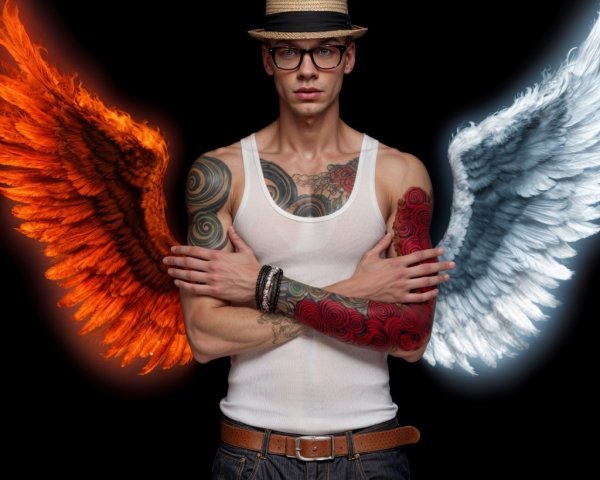 Stylish Young Man with Vibrant Tattoos and Angelic Wings
