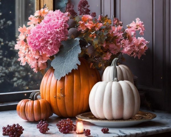 Autumn Scene with Pumpkins and Hydrangeas Arrangement