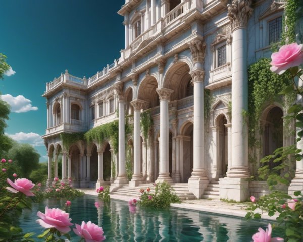 Classical Mansion Surrounded by Lush Greenery and Roses