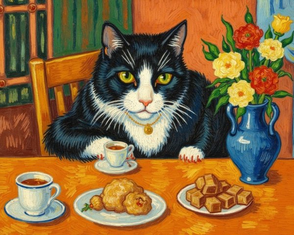 Whimsical Scene of Cat at Table with Treats and Flowers