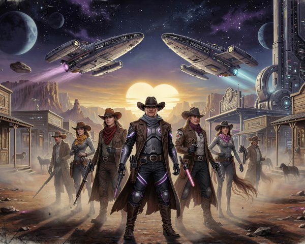 Futuristic Wild West Scene with Space Cowboys and Ships