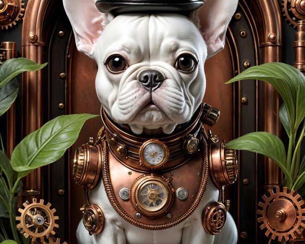 French Bulldog in Steampunk Outfit Surrounded by Plants