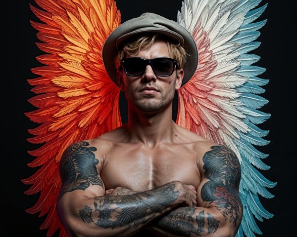 Muscular Man with Tattoos and Vibrant Wings Display