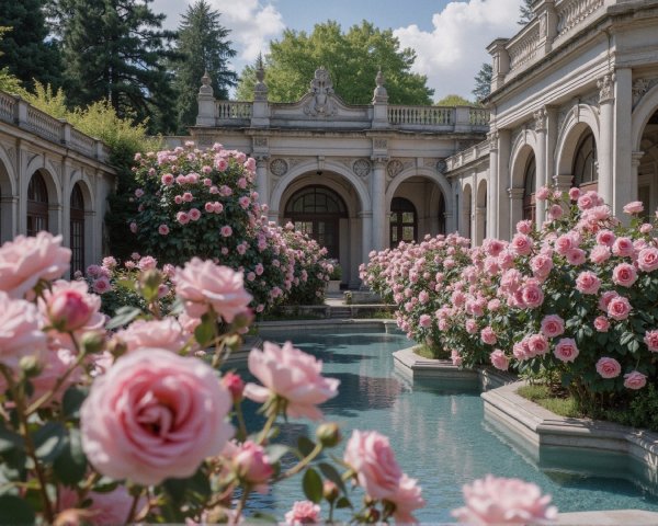 Tranquil Garden with Serene Pool and Blooming Roses