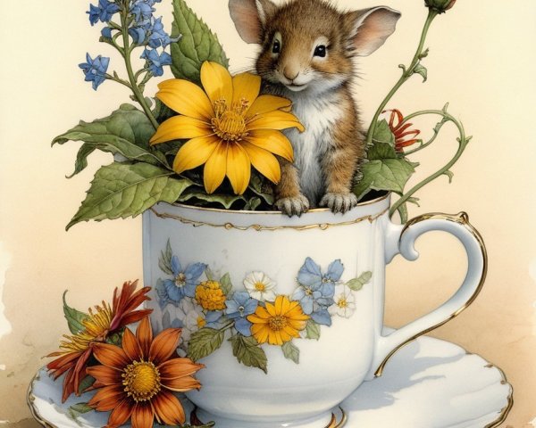 Furry Creature in Floral Teacup Illustration Scene
