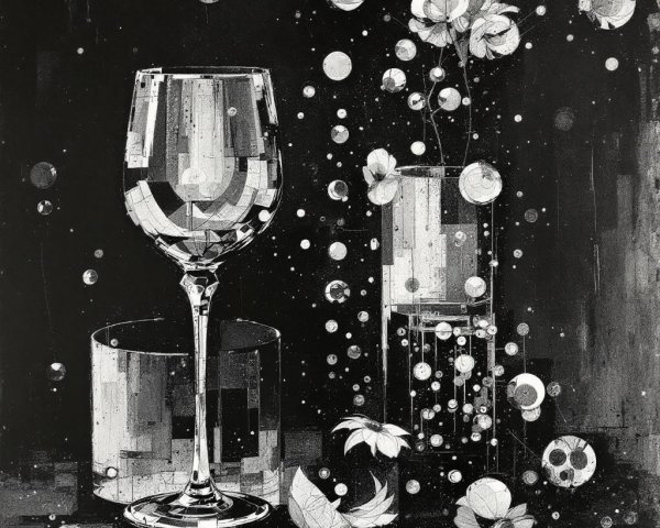 Monochromatic Artwork of Wine Glass and Geometric Shapes