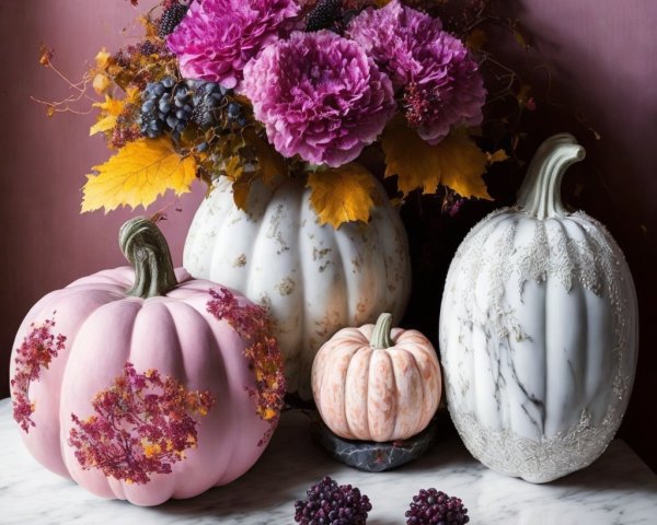 Decorative Pumpkins and Fall Floral Arrangement