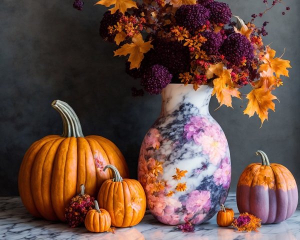 Marbled Vase with Fall Flowers and Pumpkins Display
