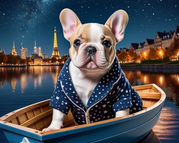 French Bulldog Puppy in Boat with Eiffel Tower Skyline