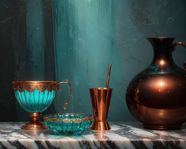 Elegant Metallic and Glass Objects on Marble Surface