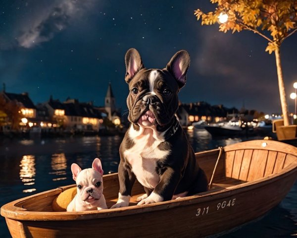 Nighttime Scene with Bulldogs in a Wooden Boat