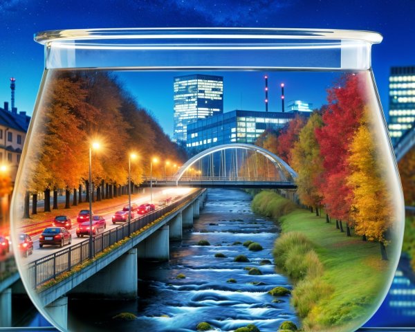 Transparent Fishbowl with Urban Landscape and River
