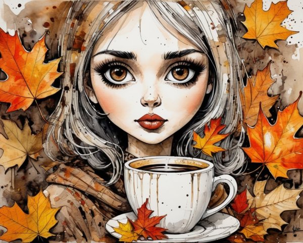 Whimsical Illustration of Woman with Autumn Leaves