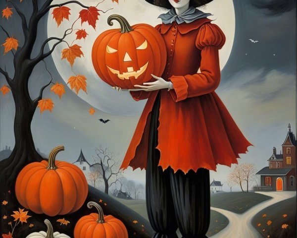 Whimsical Halloween Scene with Witch and Pumpkins