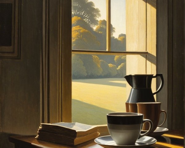 Sunlit Interior with Wooden Table and Coffee Set
